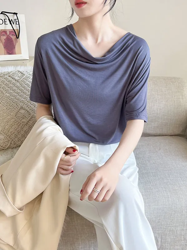 Pleated Solid Color Short Sleeves Heaps Collar T-Shirts Tops