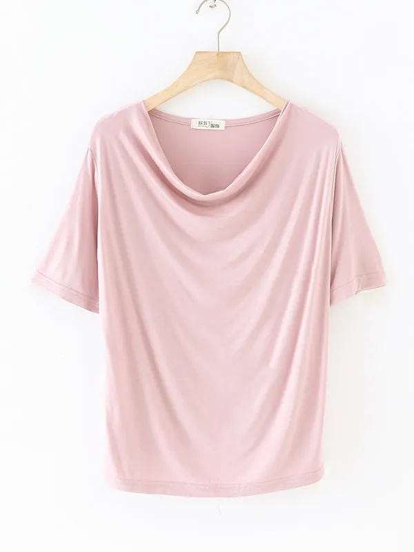 Pleated Solid Color Short Sleeves Heaps Collar T-Shirts Tops