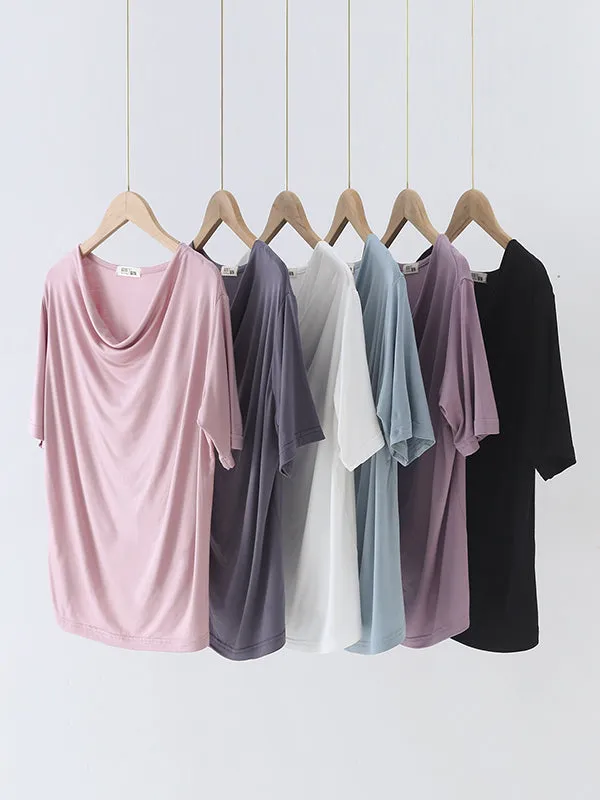 Pleated Solid Color Short Sleeves Heaps Collar T-Shirts Tops