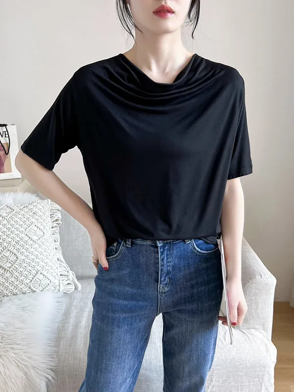 Pleated Solid Color Short Sleeves Heaps Collar T-Shirts Tops