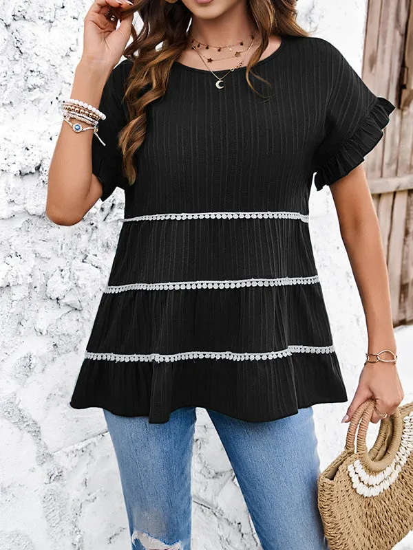 Pleated Split-Joint Tasseled Flared Sleeves Loose Round-Neck T-Shirts Tops