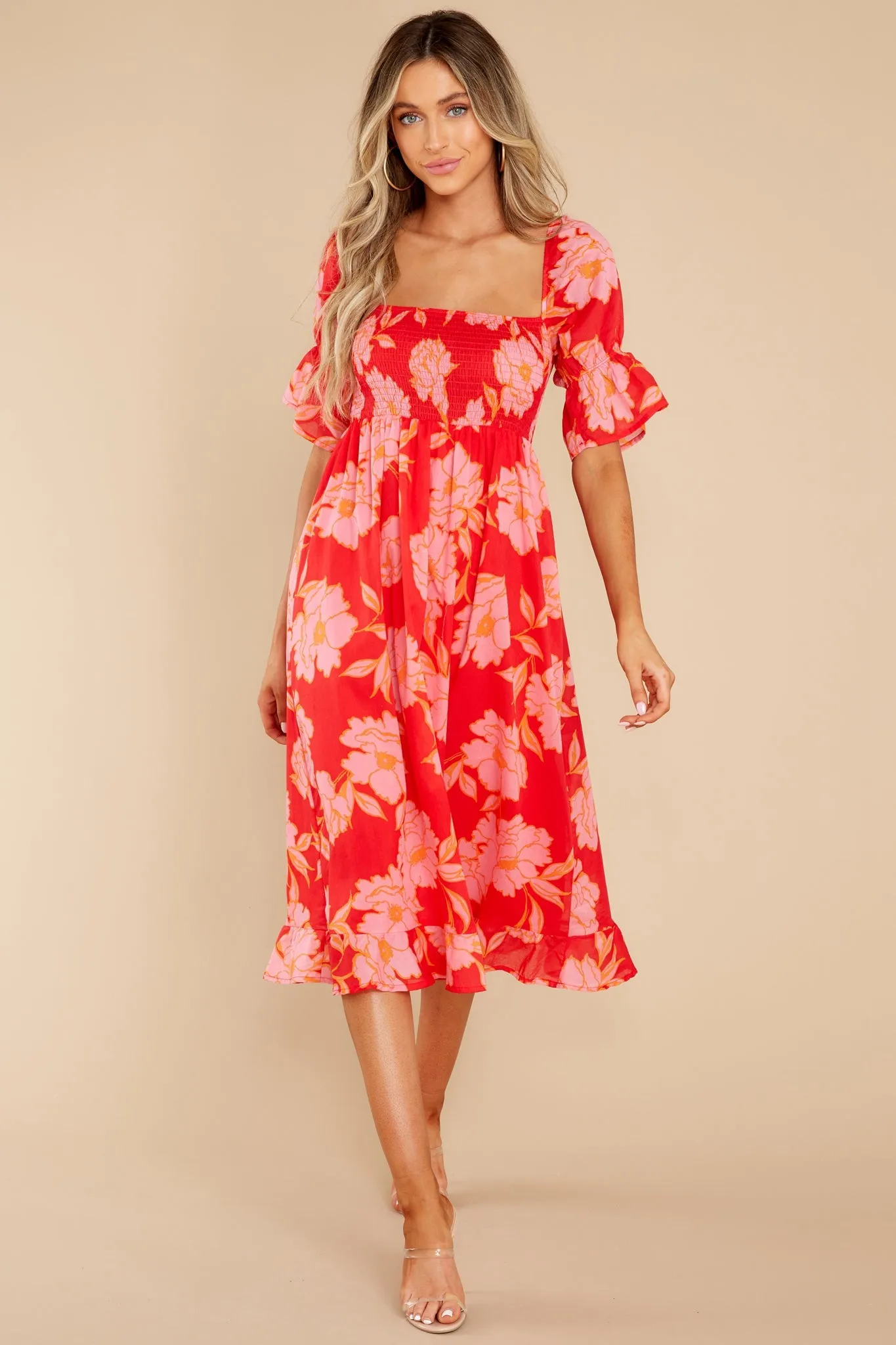 Pretty In Paradise Red Floral Print Midi Dress