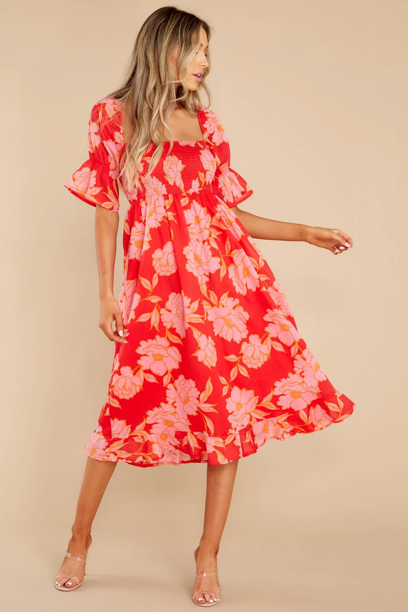 Pretty In Paradise Red Floral Print Midi Dress