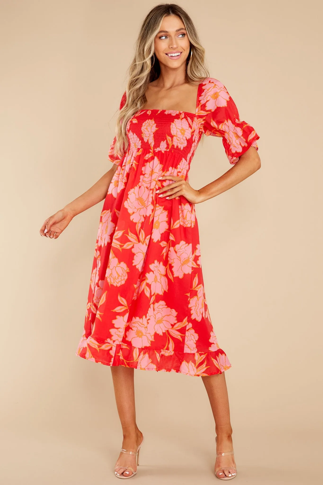 Pretty In Paradise Red Floral Print Midi Dress