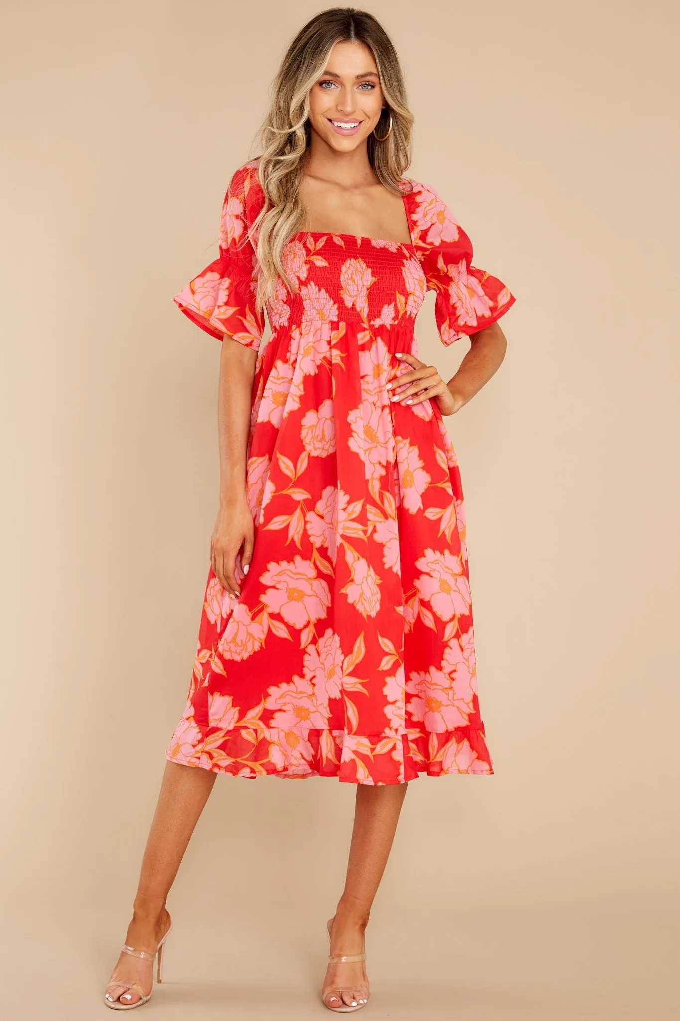 Pretty In Paradise Red Floral Print Midi Dress