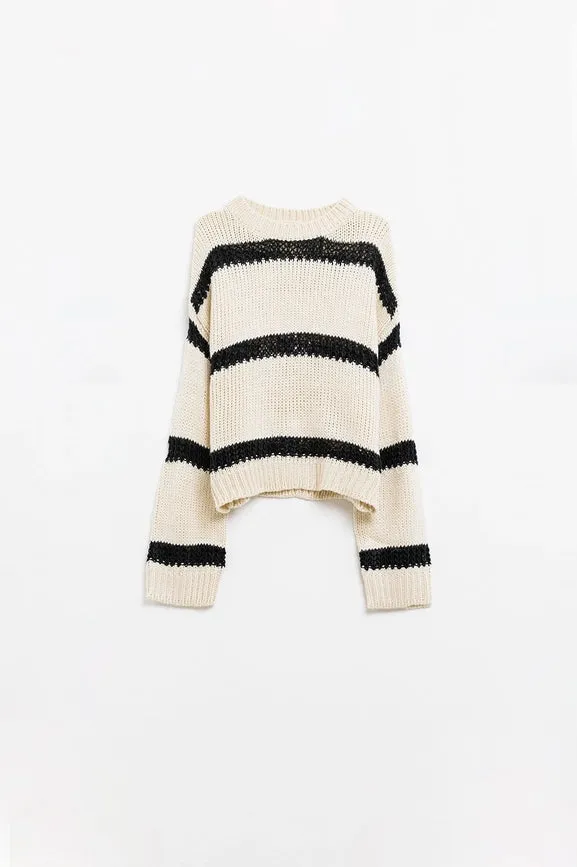 Relaxed Beige Jumper with Black Stripes