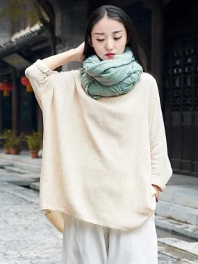 Simple Long Sleeves Ramie Cotton Tops