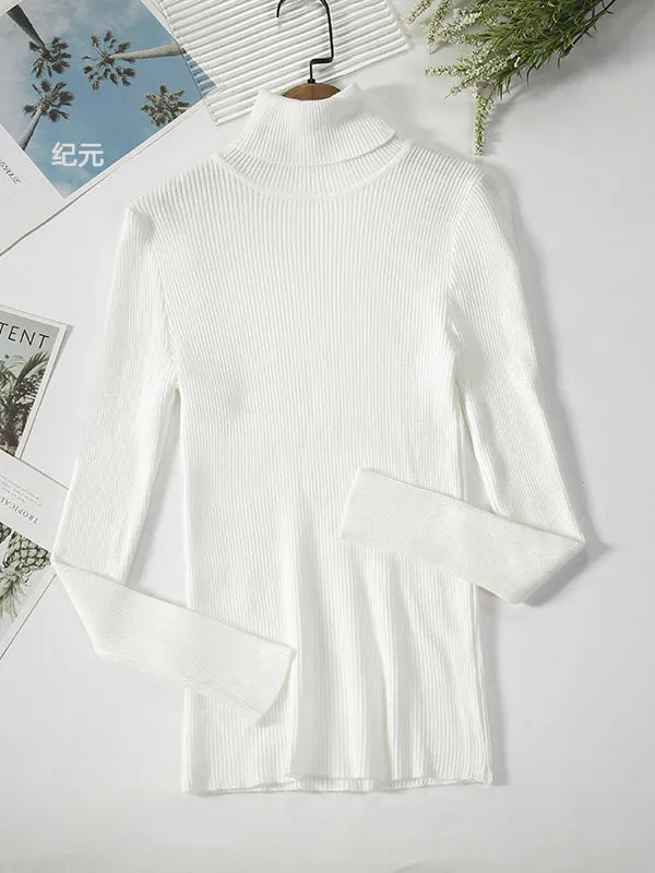 Simple Skinny Solid Color High-Neck Sweater Tops