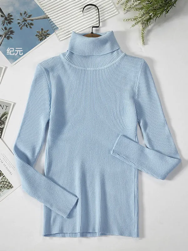 Simple Skinny Solid Color High-Neck Sweater Tops