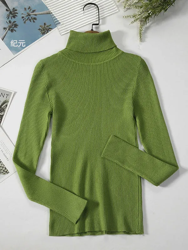 Simple Skinny Solid Color High-Neck Sweater Tops