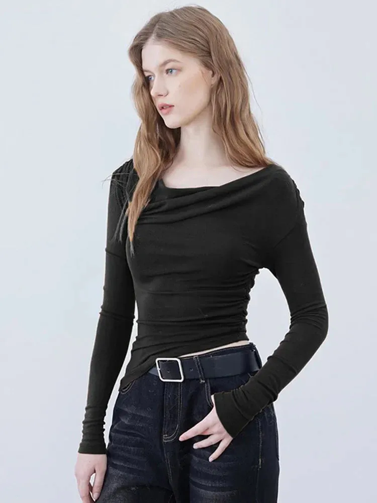 Simple Swing Slash Collar Long Sleeve Tee