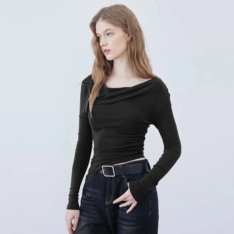 Simple Swing Slash Collar Long Sleeve Tee