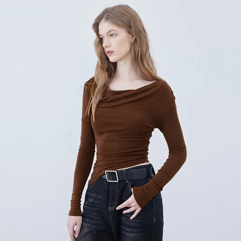 Simple Swing Slash Collar Long Sleeve Tee