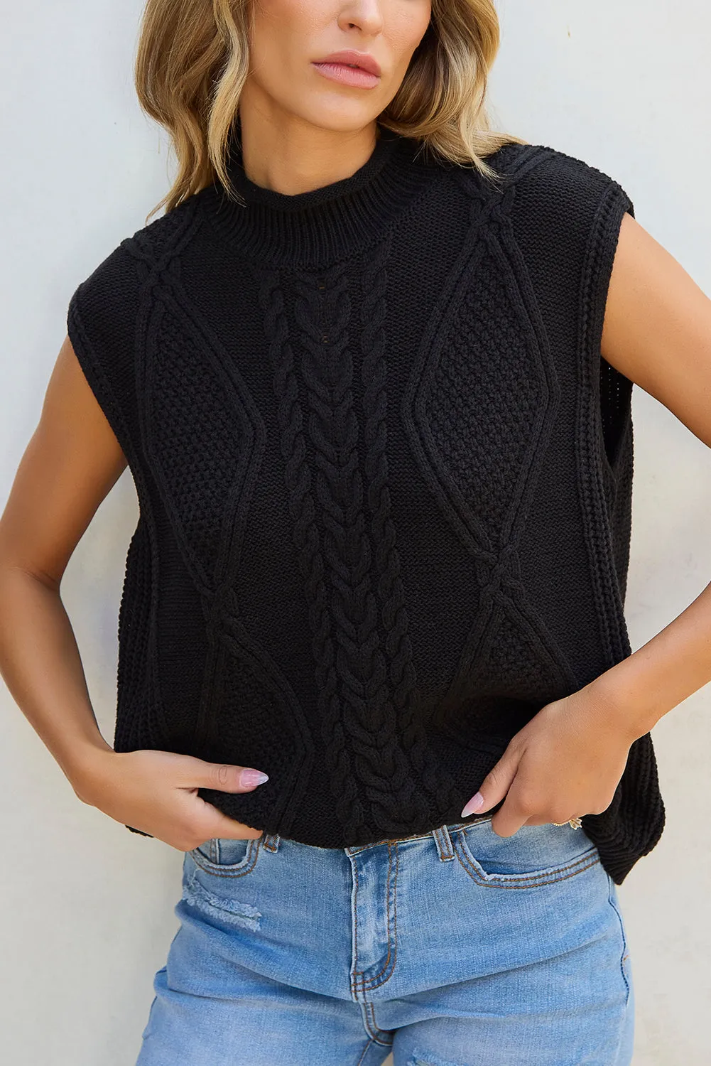 Solid Color Cable Knit High Neck Sweater Vest