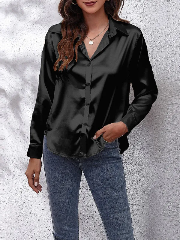 Solid Color Long Sleeves Loose Lapel Blouses&Shirts Tops