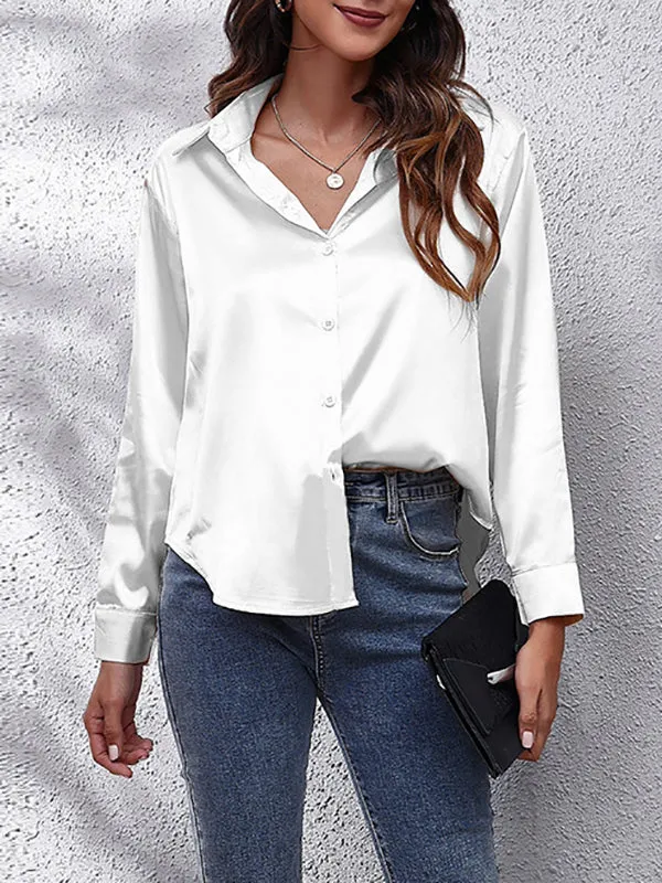 Solid Color Long Sleeves Loose Lapel Blouses&Shirts Tops