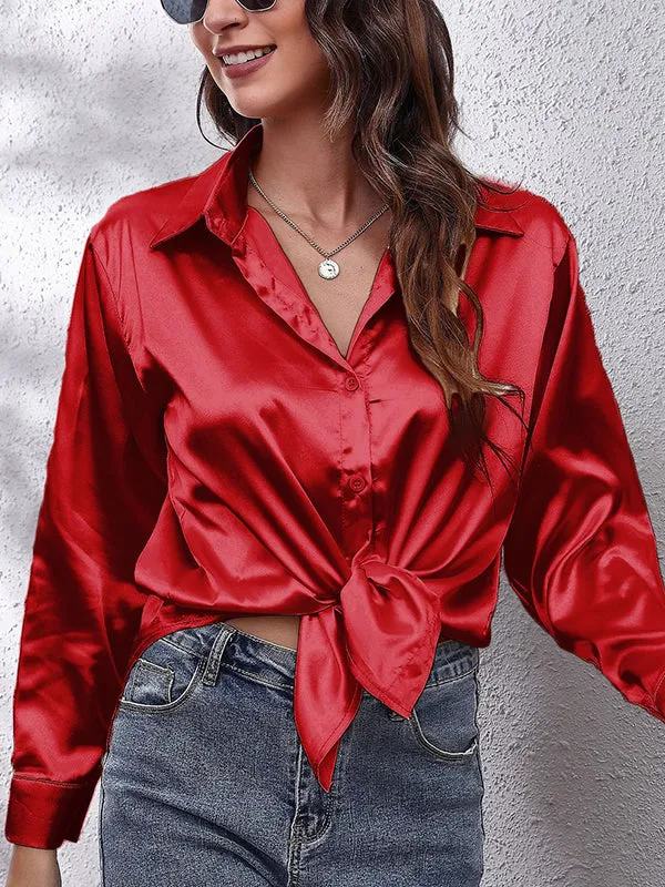 Solid Color Long Sleeves Loose Lapel Blouses&Shirts Tops