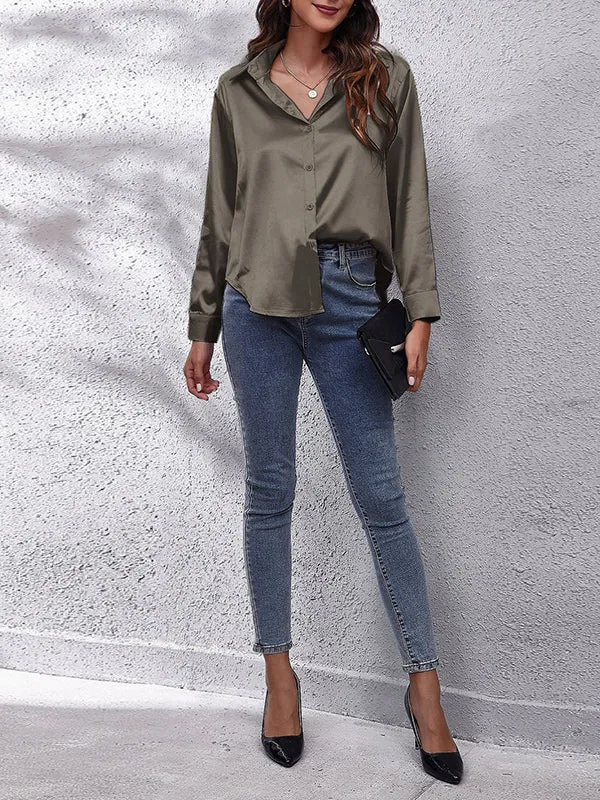 Solid Color Long Sleeves Loose Lapel Blouses&Shirts Tops