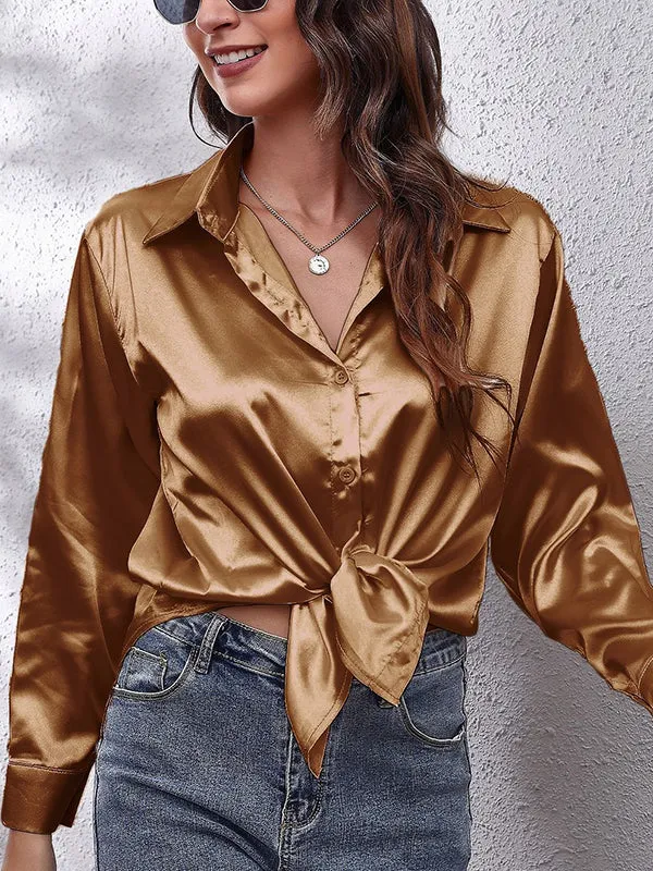 Solid Color Long Sleeves Loose Lapel Blouses&Shirts Tops