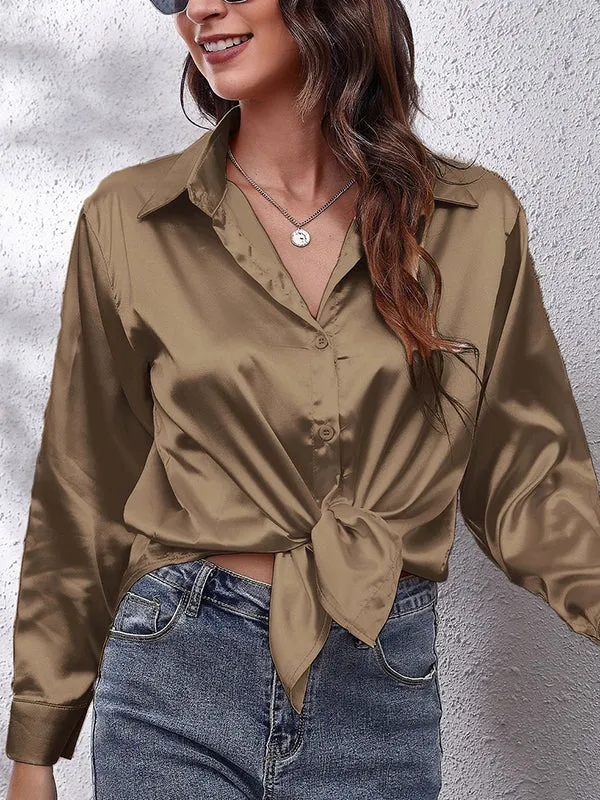 Solid Color Long Sleeves Loose Lapel Blouses&Shirts Tops