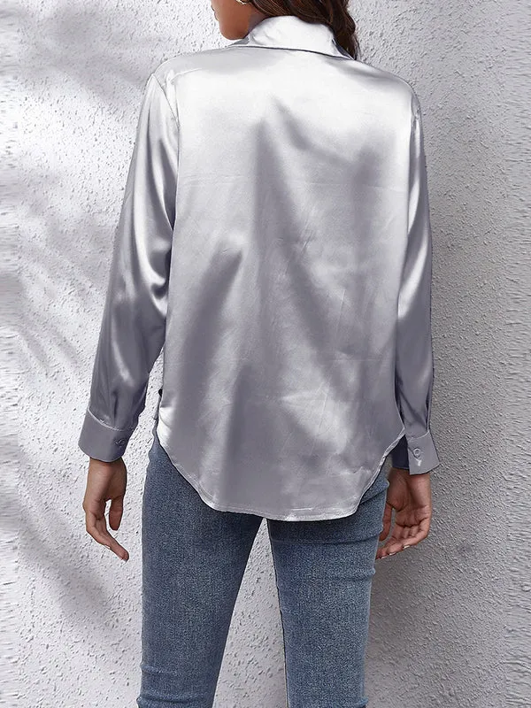 Solid Color Long Sleeves Loose Lapel Blouses&Shirts Tops