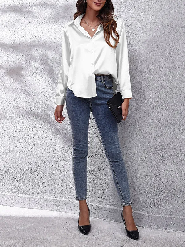 Solid Color Long Sleeves Loose Lapel Blouses&Shirts Tops