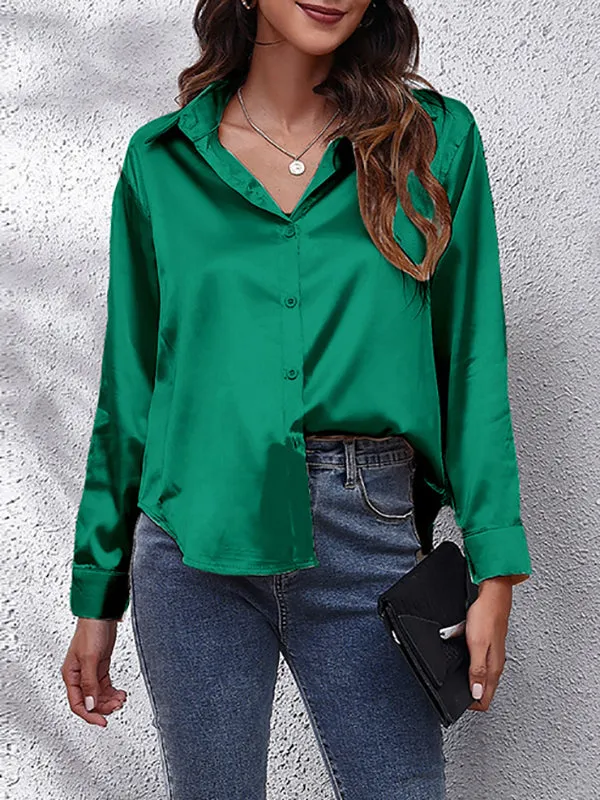 Solid Color Long Sleeves Loose Lapel Blouses&Shirts Tops