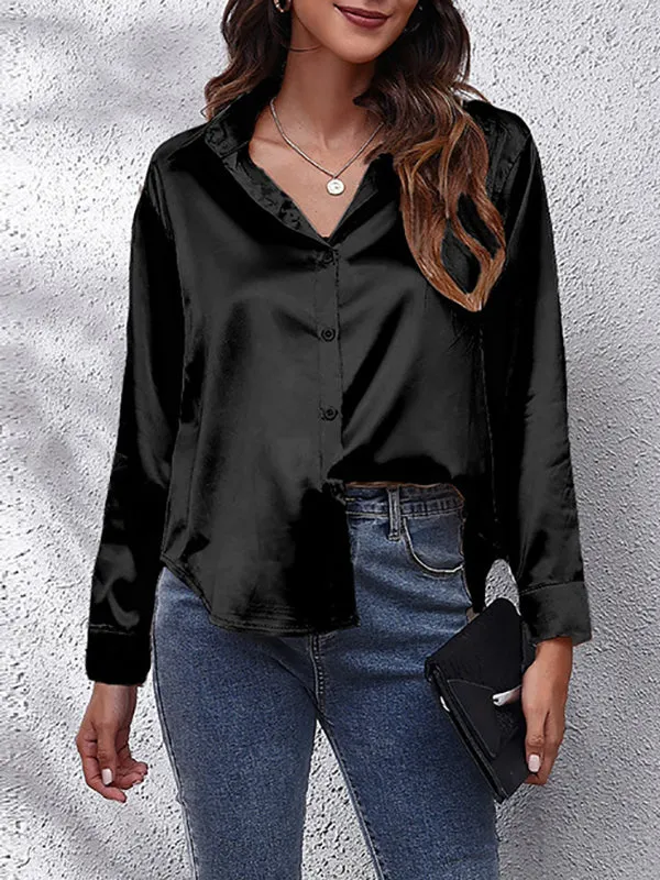 Solid Color Long Sleeves Loose Lapel Blouses&Shirts Tops