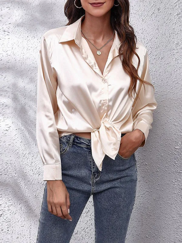 Solid Color Long Sleeves Loose Lapel Blouses&Shirts Tops