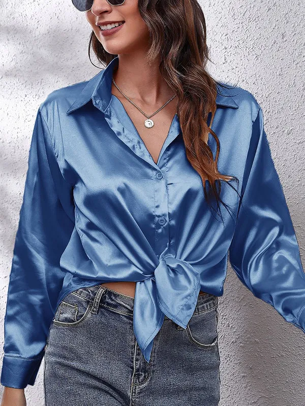 Solid Color Long Sleeves Loose Lapel Blouses&Shirts Tops