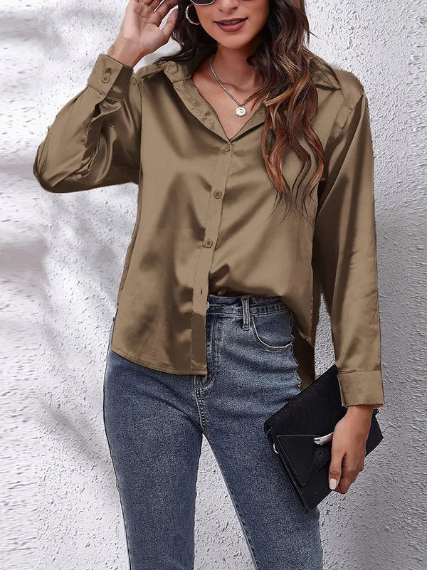 Solid Color Long Sleeves Loose Lapel Blouses&Shirts Tops