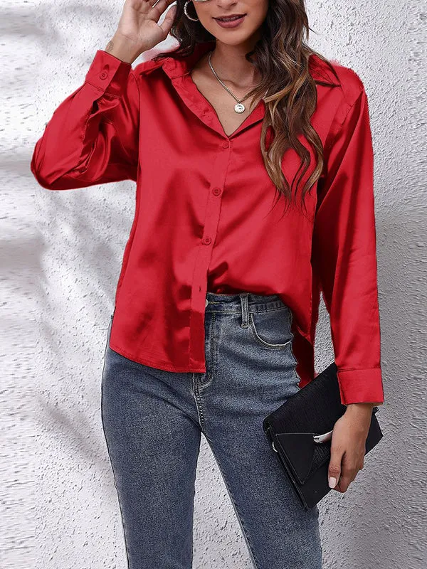 Solid Color Long Sleeves Loose Lapel Blouses&Shirts Tops