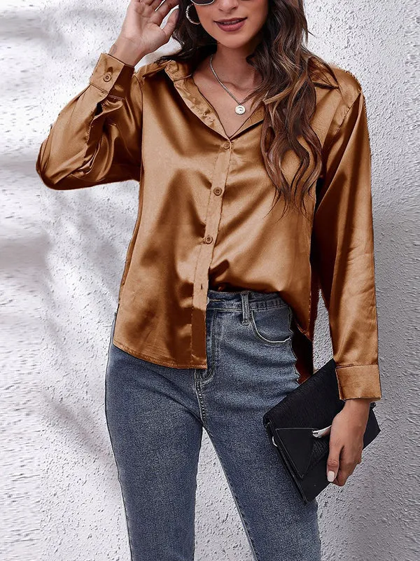 Solid Color Long Sleeves Loose Lapel Blouses&Shirts Tops