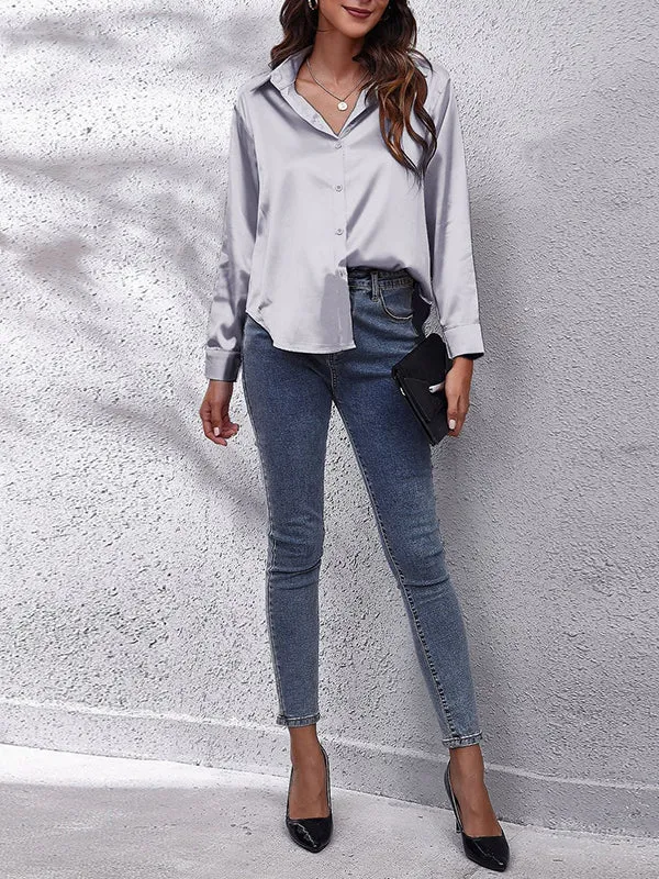 Solid Color Long Sleeves Loose Lapel Blouses&Shirts Tops