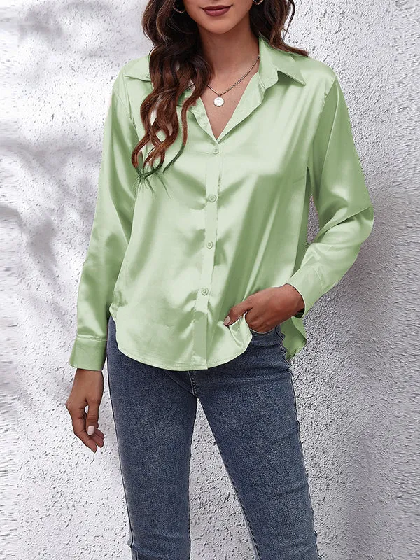 Solid Color Long Sleeves Loose Lapel Blouses&Shirts Tops