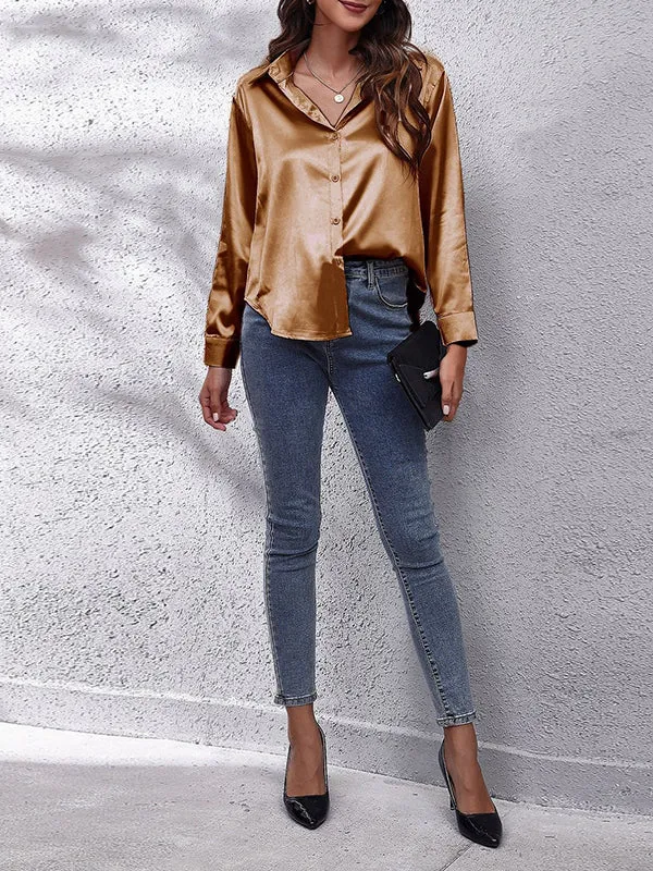 Solid Color Long Sleeves Loose Lapel Blouses&Shirts Tops