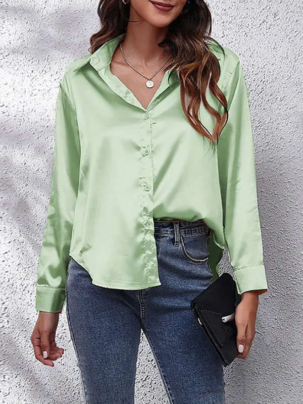 Solid Color Long Sleeves Loose Lapel Blouses&Shirts Tops