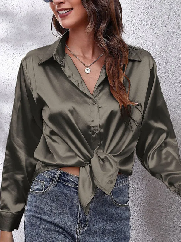 Solid Color Long Sleeves Loose Lapel Blouses&Shirts Tops