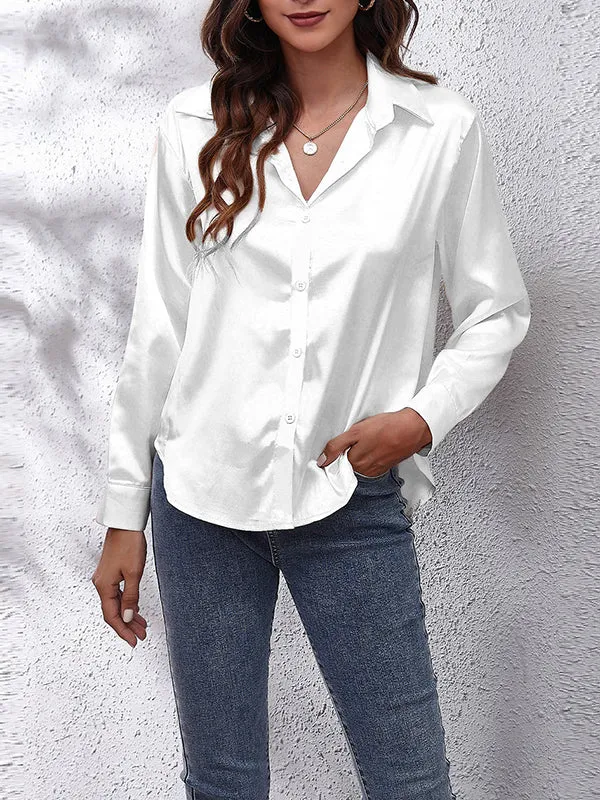 Solid Color Long Sleeves Loose Lapel Blouses&Shirts Tops