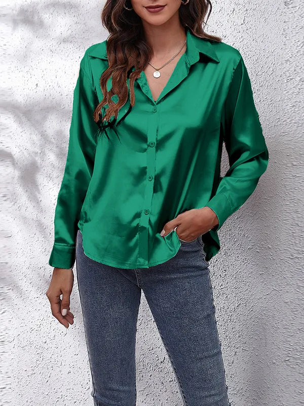 Solid Color Long Sleeves Loose Lapel Blouses&Shirts Tops