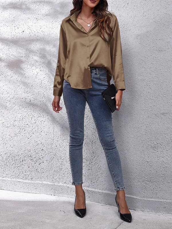 Solid Color Long Sleeves Loose Lapel Blouses&Shirts Tops