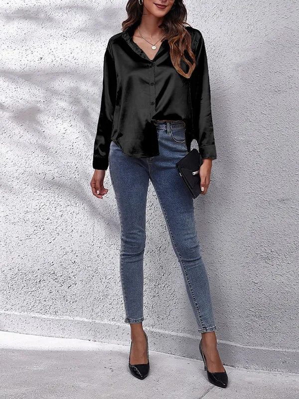 Solid Color Long Sleeves Loose Lapel Blouses&Shirts Tops