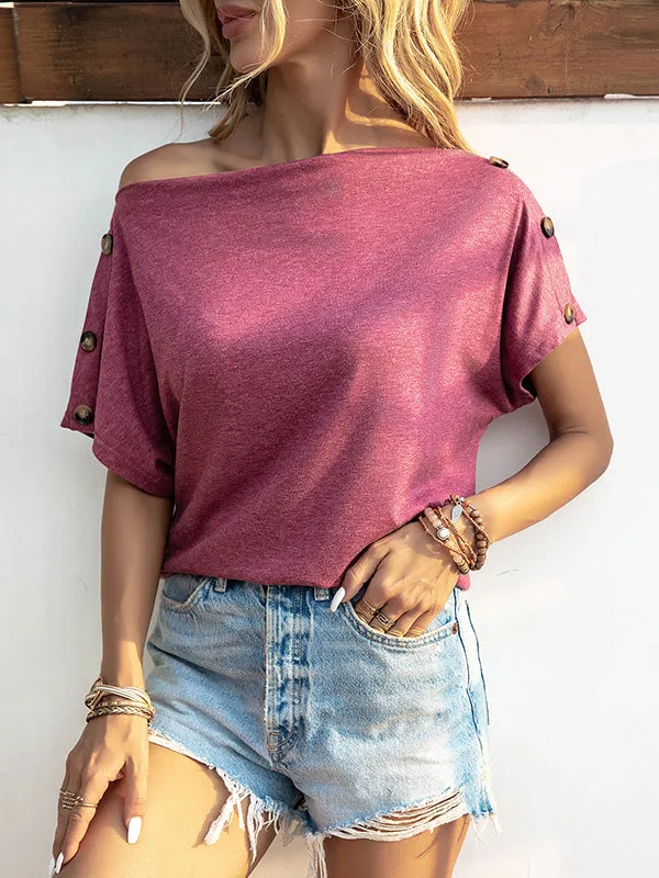 Solid Color Short Sleeves Boat Neck T-Shirts Tops