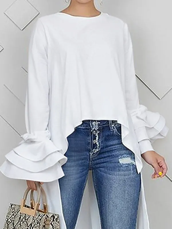 Solid Color Split-Joint Tiered Flared Sleeves High-low Round-neck T-Shirts Tops