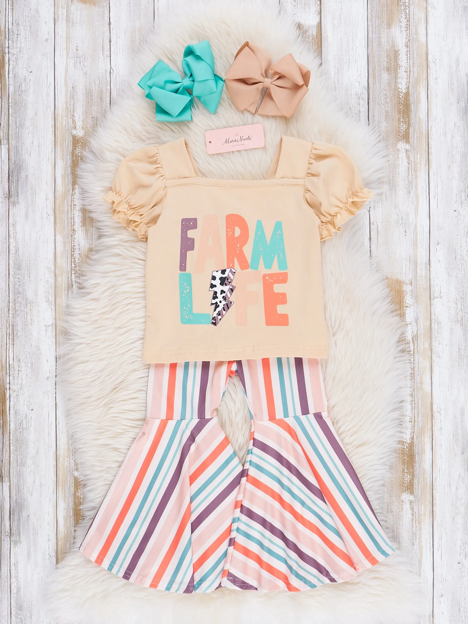 Tan Farm Life Striped Bell Bottoms Outfit