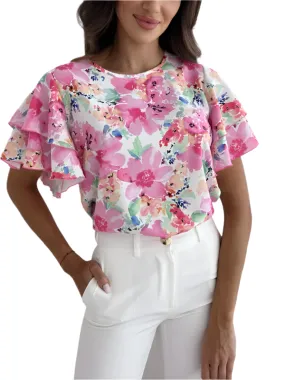 TEEK - Floral Ruffle Simple Short-Sleeve Top