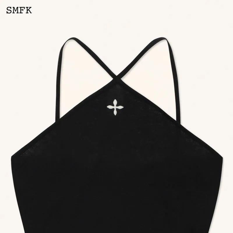 Temple Traditional Black Knitted Cross Sling Top