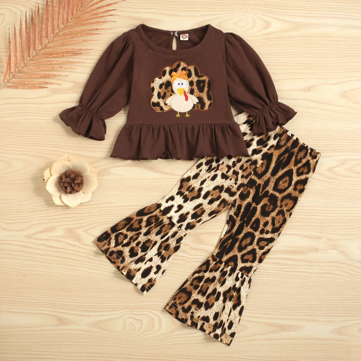 Toddler Girls Bell Bottoms Thanksgiving Outfit With Leopard Turkey Embroidery