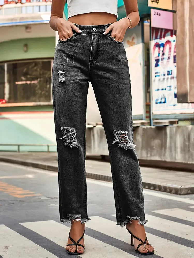 Trendy Ripped Denim Pants for Women