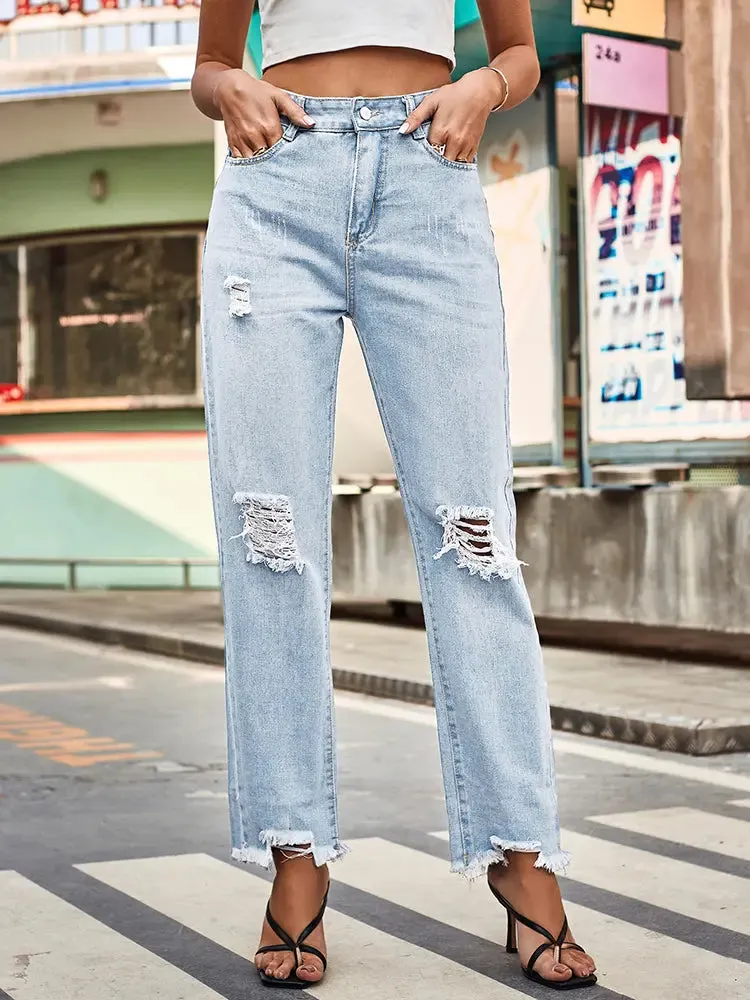 Trendy Ripped Denim Pants for Women